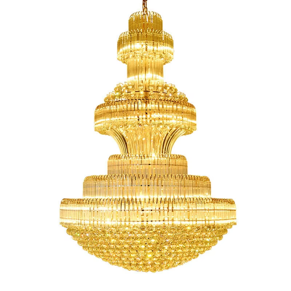 European-style top-luxury full golden frame multi-layer crystal tower chandelier (long strip + granular crystals), warm light effect, creating an extremely gorgeous top-luxury atmosphere.