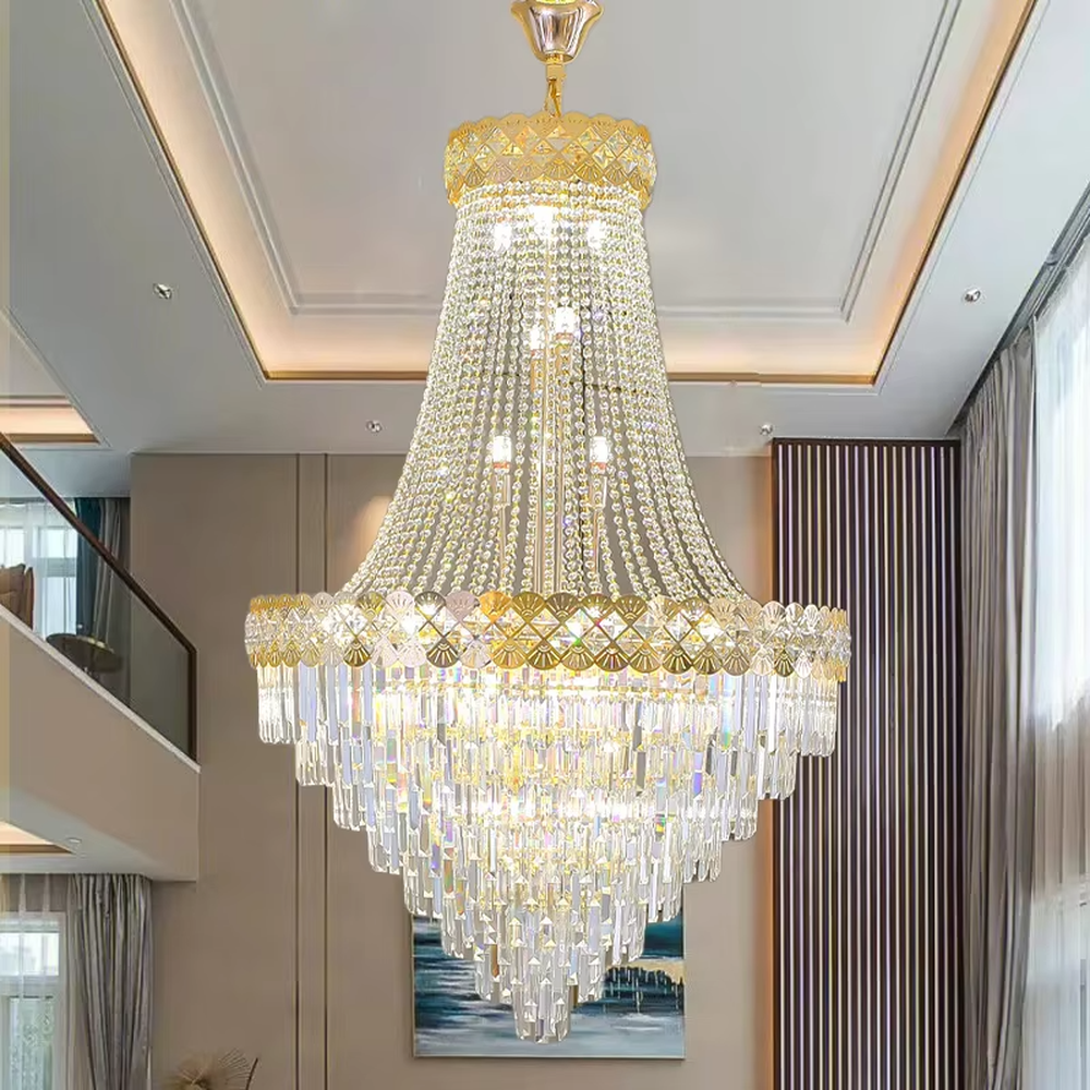 Top-luxury golden frame multi-layer crystal high-ceiling chandelier, tower-shaped gradient design + full crystal strings + carved decorations, brilliant warm light creates noble luxurious atmosphere.