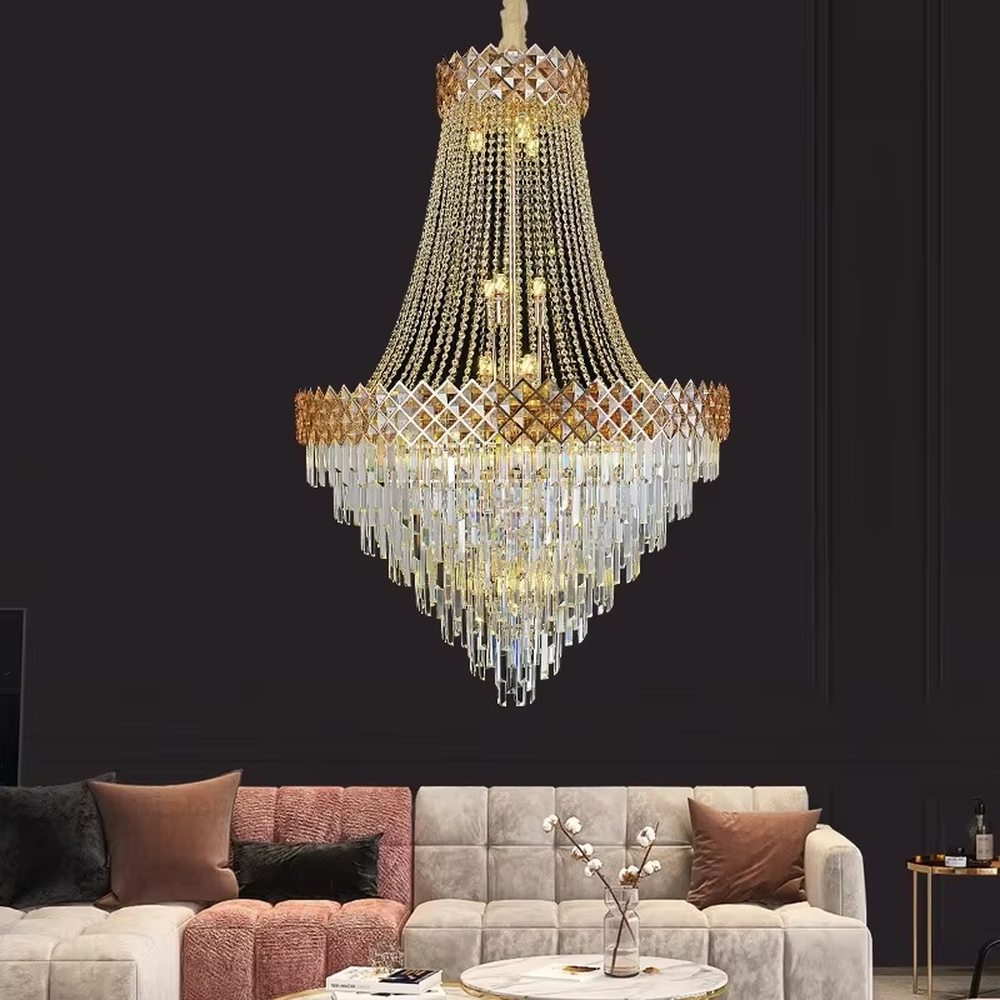 Luxurious black-gold diamond decorative umbrella-shaped crystal chandelier, golden chains + transparent crystal pendants + black diamond decorations, brilliant and gorgeous lighting, creating a high-end luxurious atmosphere.