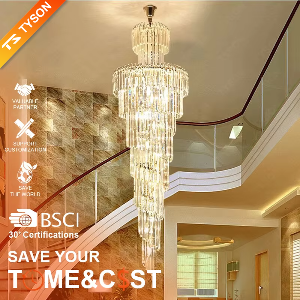 Top-tier luxurious multi-layer crystal column high-ceiling chandelier, stacked transparent long crystal columns + brilliant refraction light effect, creating a noble luxurious high-ceiling space atmosphere.