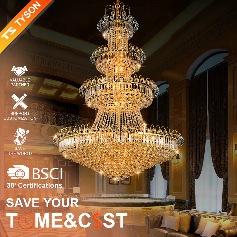 Luxurious multi-layer gold-frame full-crystal European court chandelier, dense crystal inlay + golden metal frame, brilliant and gorgeous lighting, creating a top-level high-end luxurious atmosphere.