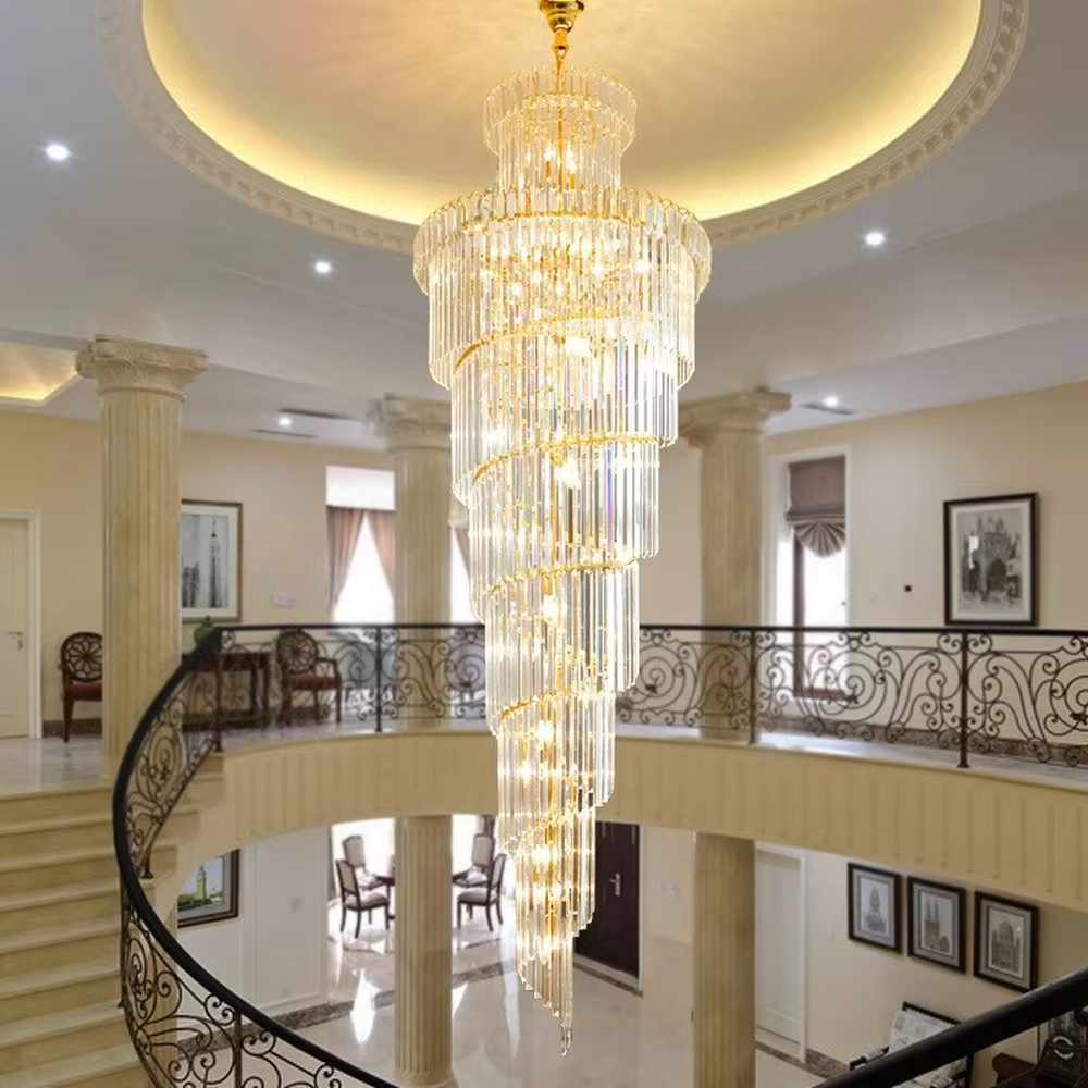 European palace-style multi-layer golden frame long crystal high-ceiling chandelier, warm light effect, creating a luxurious noble space atmosphere.