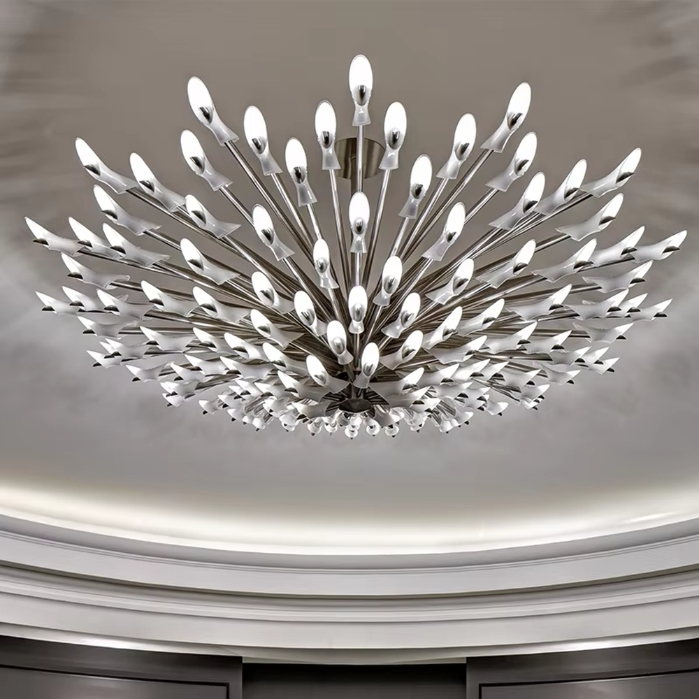 Art firework crystal ceiling chandelier (radial crystal lamp arms + starry sky shape), warm light effect, creating a bright and high-end home atmosphere.