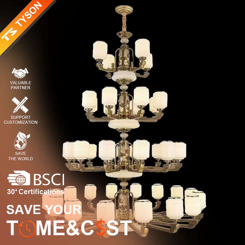 New Chinese-style luxurious multi-layer vintage copper chandelier, 4-layer structure + white jade texture lampshades + vintage copper carved frame, soft warm light creates elegant Chinese atmosphere.