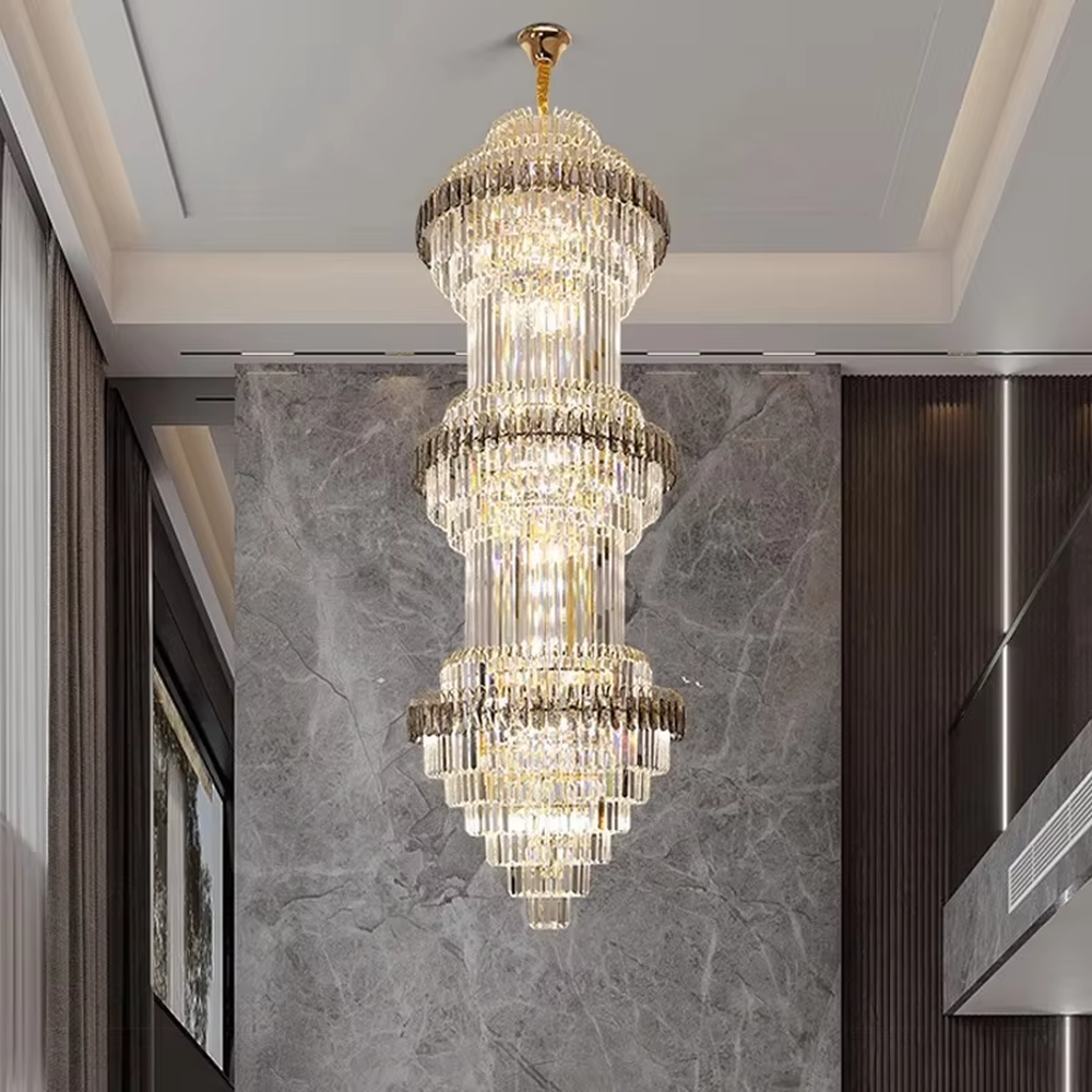 Modern top-luxury multi-layer golden frame crystal high-ceiling chandelier (with black-gray decorative strips), transparent long crystals + golden frame + warm light effect, creating a luxurious and grand atmosphere in high-ceiling spaces.