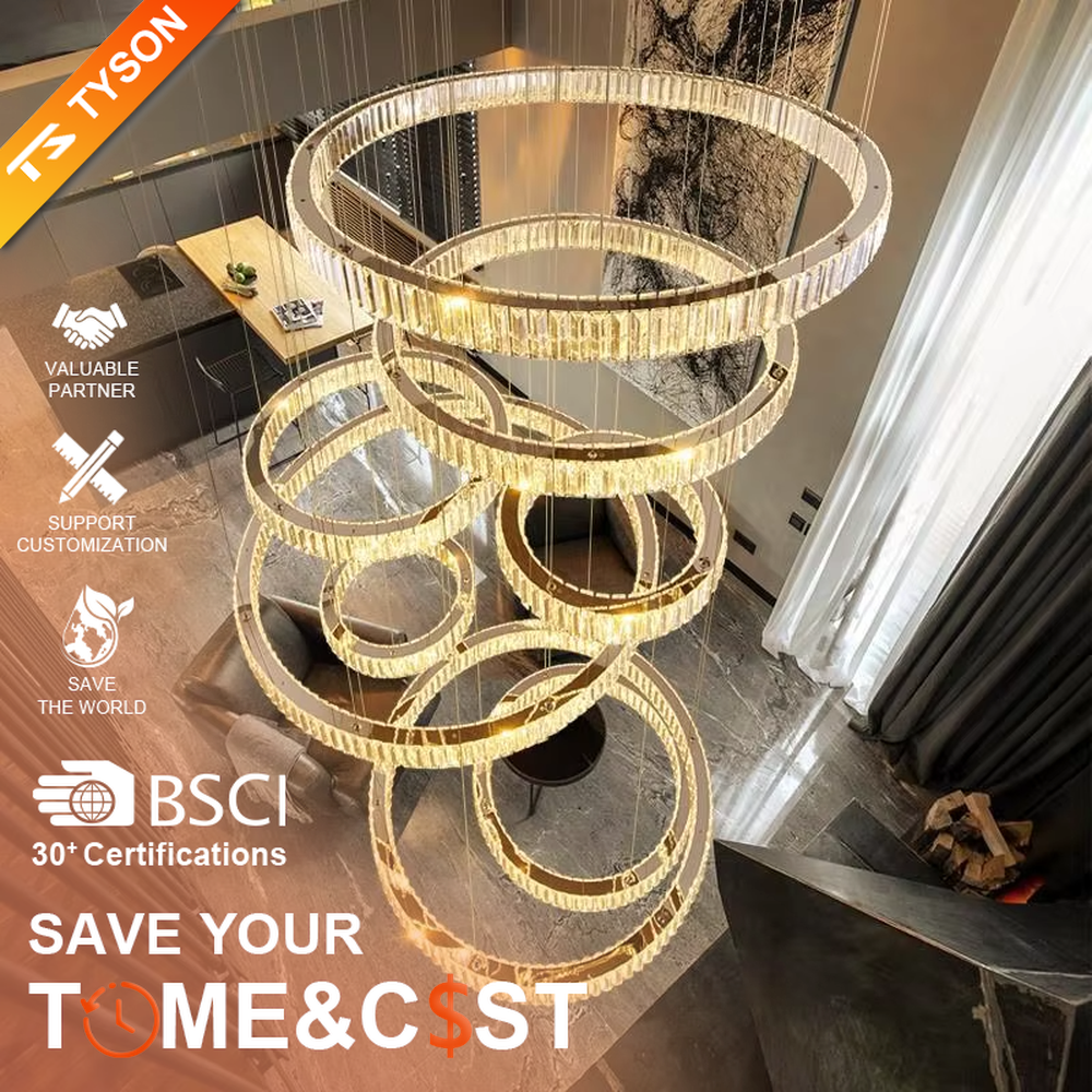 This light luxury spiral ring chandelier features a gold metal frame with embedded crystal/acrylic light strips, in a multi-layer scattered spiral shape, serving both lighting and decorative purposes, ideal for high-end high-ceiling spaces such as villa high-ceiling staircases, hotel lobbies, and sales offices.