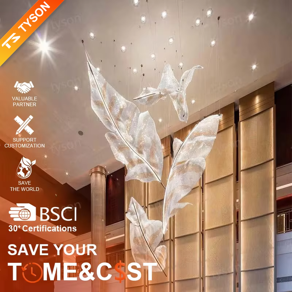 Art feather crystal chandelier (giant crystal feather shape), warm light effect, creating an ethereal and luxurious high-end space atmosphere.