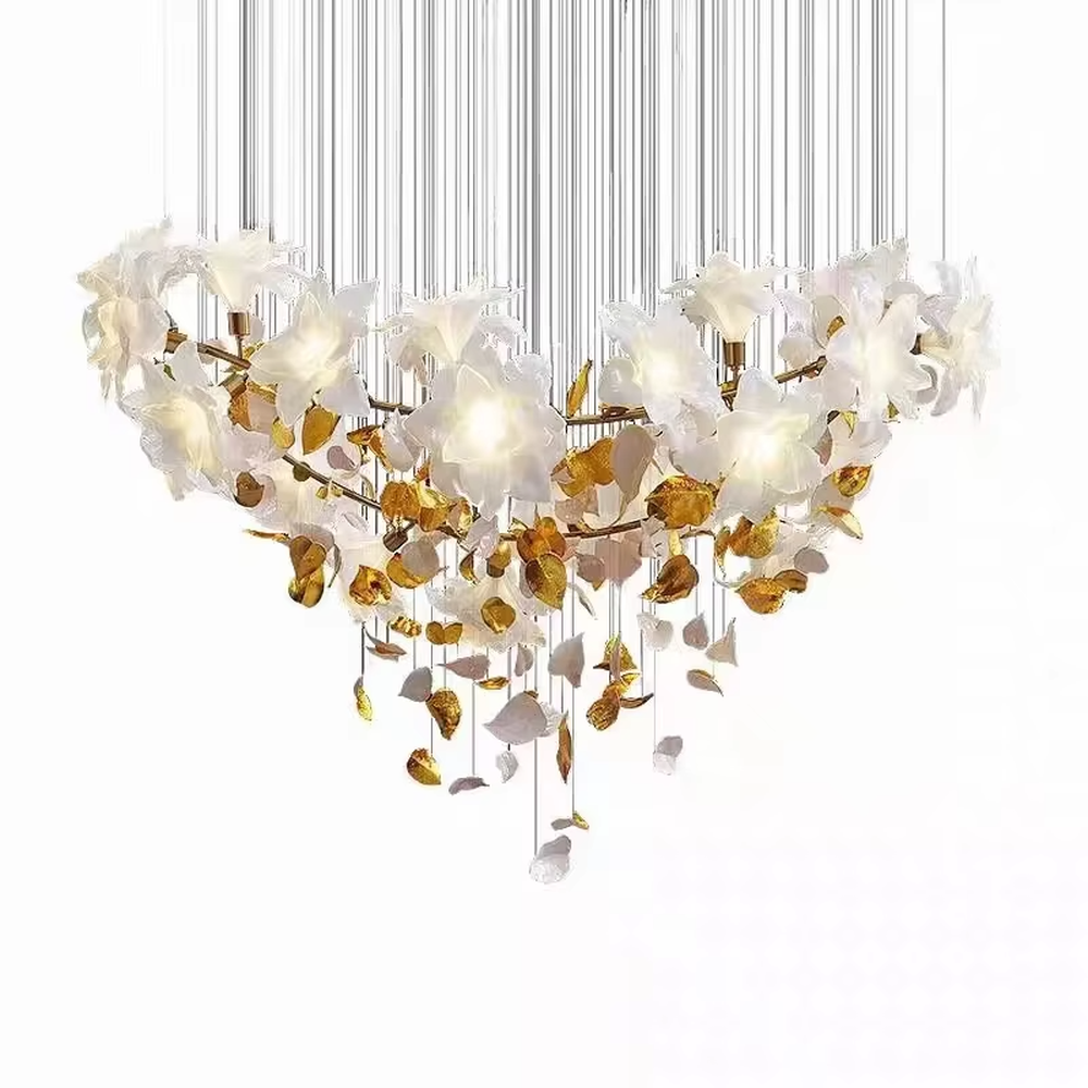 Art petal curve chandelier (white + gold gradient glass petals + metal hanging wires), warm light effect, creating a dreamy and luxurious high-ceiling space atmosphere.