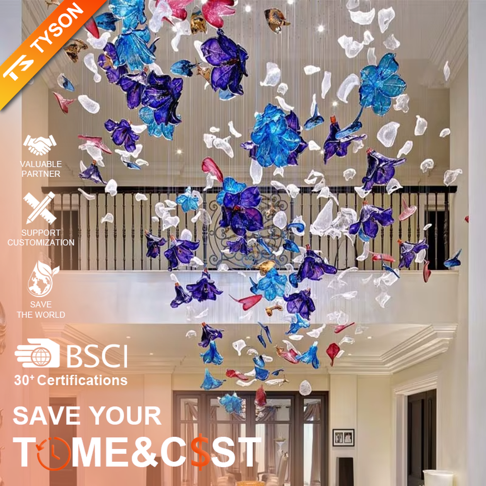 Art Firework Colored Glass Chandelier (blue-purple-red transparent glass petals + radial metal wire frame), warm and cool light effect, creating a bright and dreamy high-end space atmosphere.
