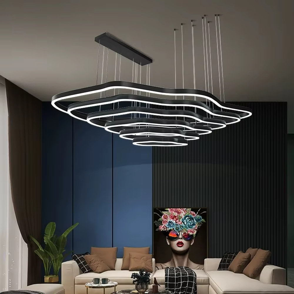 This new Chinese style light luxury large chandelier features multi-layer wavy LED light strips made of gold metal, in a stacked suspended cloud/mountain shape. It serves both lighting and decorative purposes, ideal for high-end spaces such as sales offices, hotel lobbies, and villa high-ceiling living rooms.