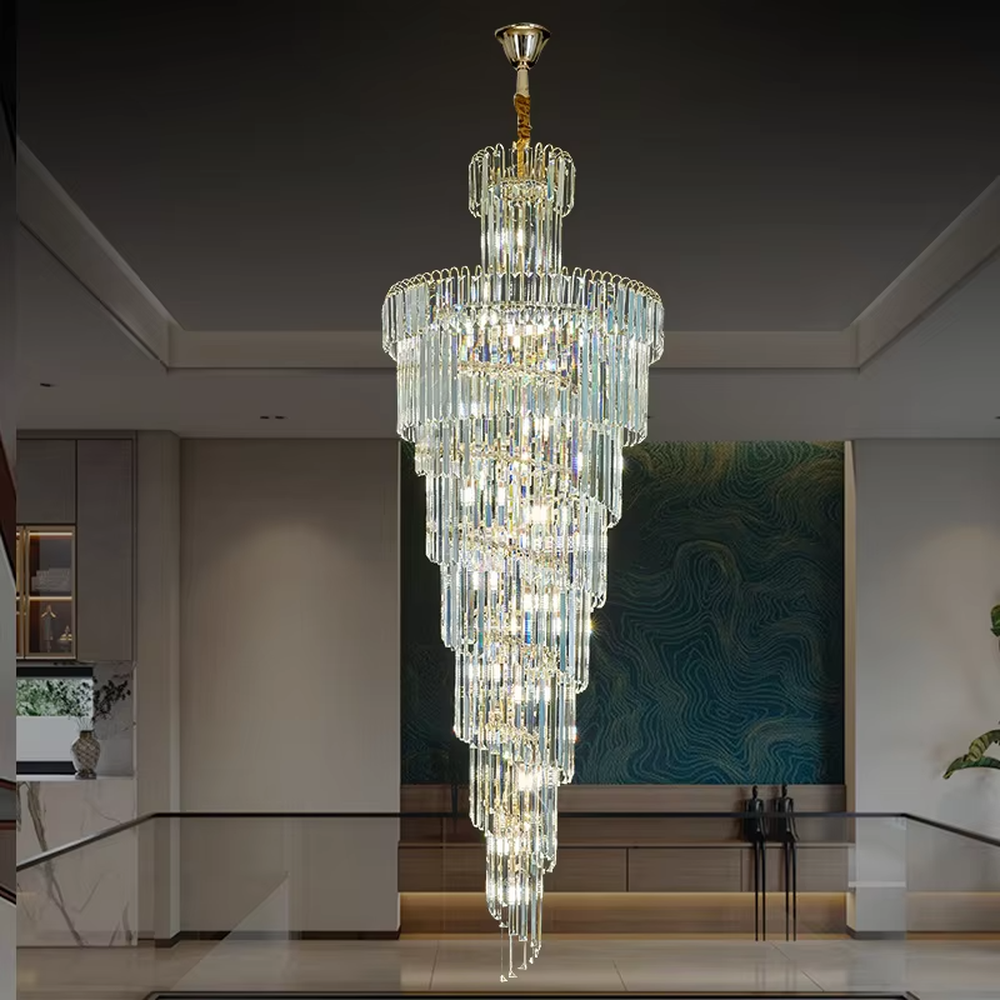 European palace-style multi-layer golden frame long crystal high-ceiling chandelier, warm light effect, creating a luxurious noble space atmosphere.