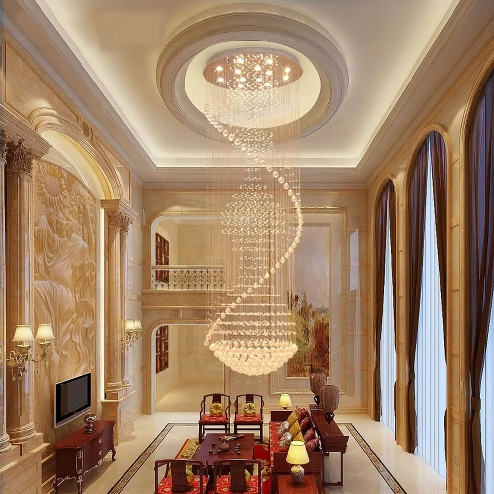 Modern art spiral spherical crystal high-ceiling chandelier, warm light effect, creating a luxurious and dynamic space atmosphere.