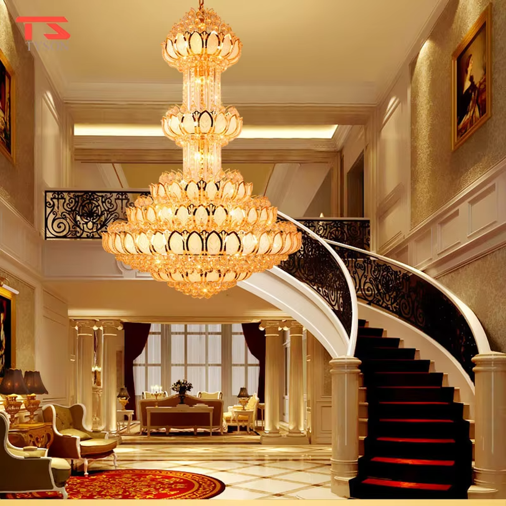 Southeast Asian religious-style multi-layer lotus-shaped golden crystal chandelier, layered lotus structure + full golden crystal material + warm light effect, creating a solemn and luxurious religious atmosphere.