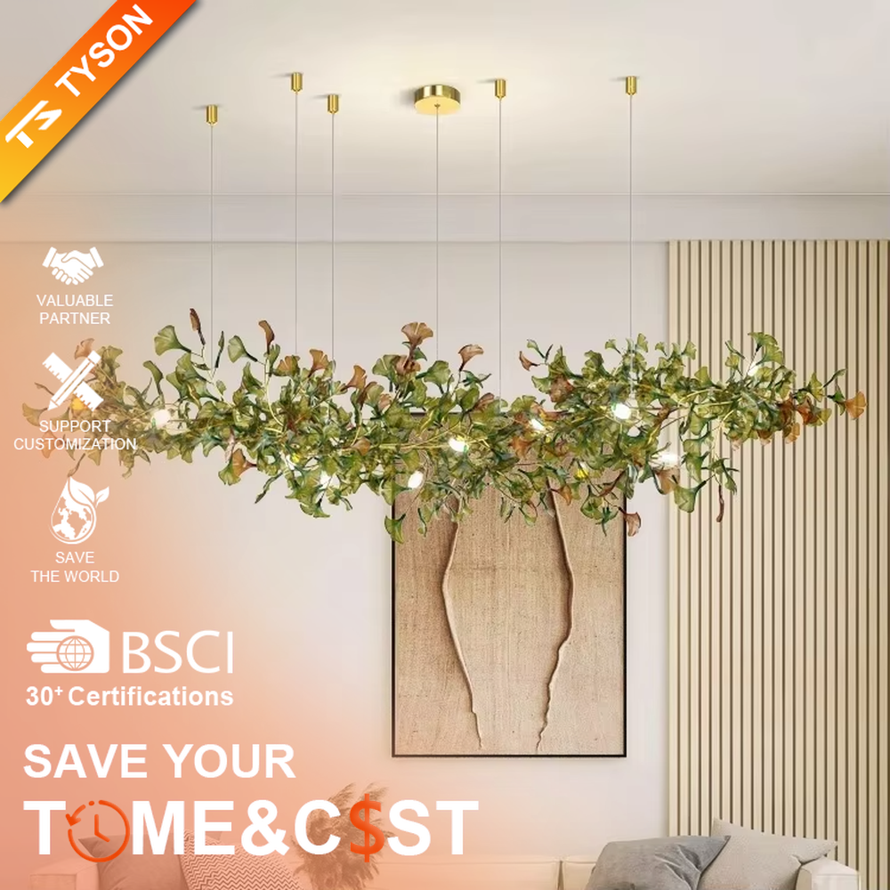 Art Ginkgo Leaf Light Luxury Chandelier (orange-yellow gradient glass leaves + gold metal frame), warm light effect, creating a natural and elegant atmosphere in large flat-floor living rooms.