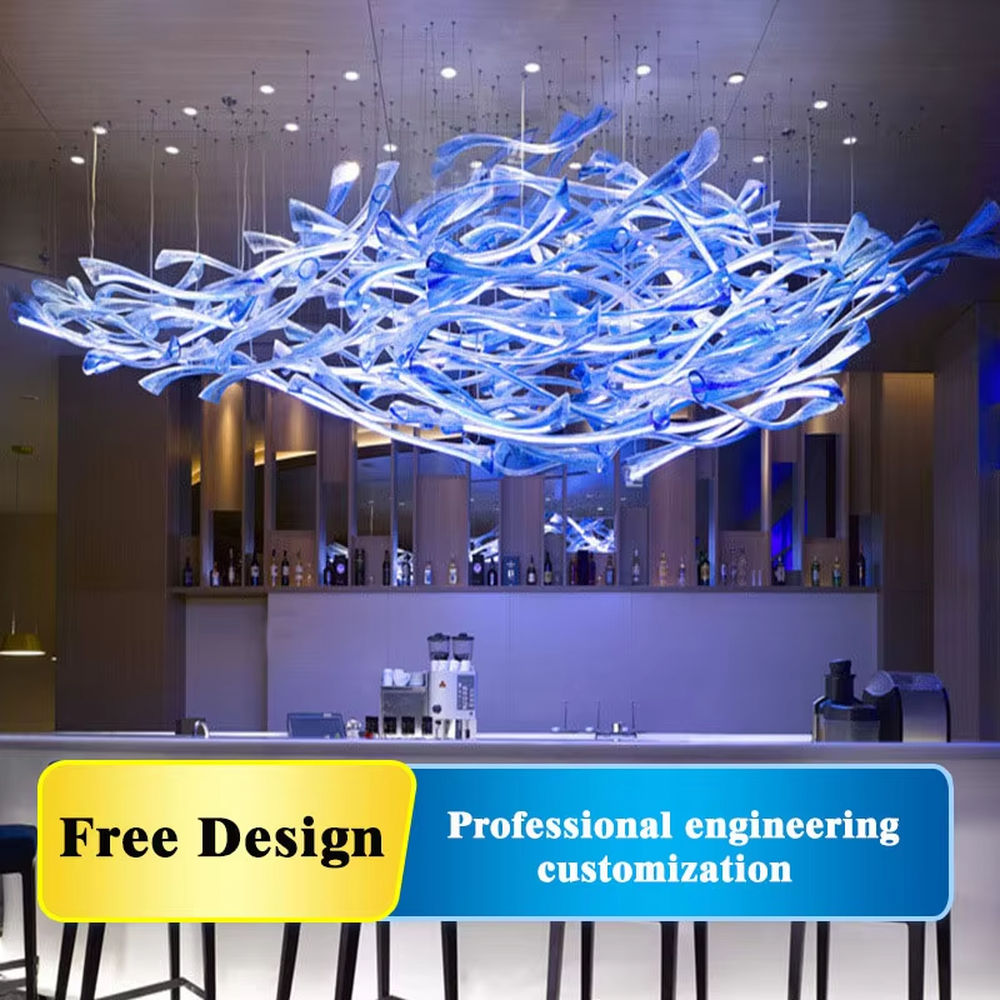 This large custom art glass chandelier features a streamlined nebula/wave shape woven from blue-white gradient transparent glass strips, suspended in a floating manner, serving both lighting and artistic decoration purposes, ideal for high-ceiling commercial spaces such as hotel lobbies, high-end bars, and sales offices, with free design and professional engineering customization available.
