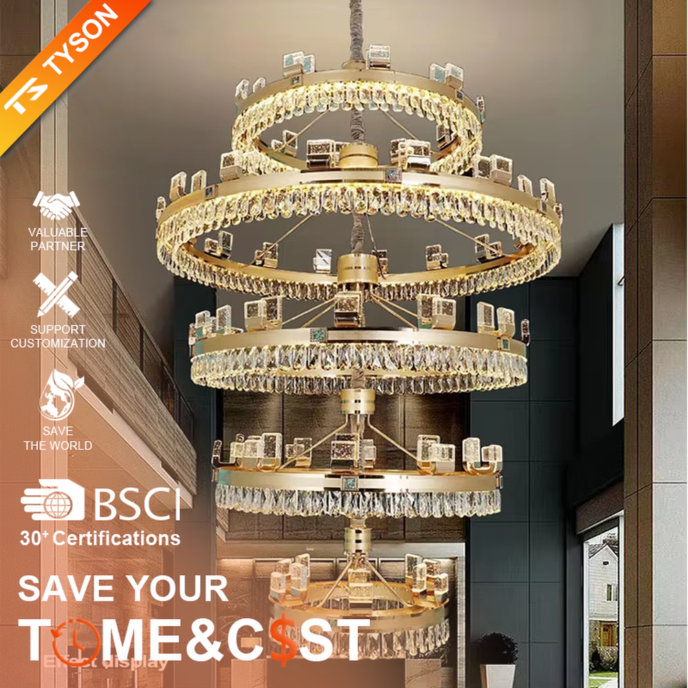 Luxurious multi-layer gold ring crystal square decor chandelier, gold ring frame + crystal pendants + square decorations, brilliant and gorgeous lighting, creating a top-tier high-end luxurious atmosphere.