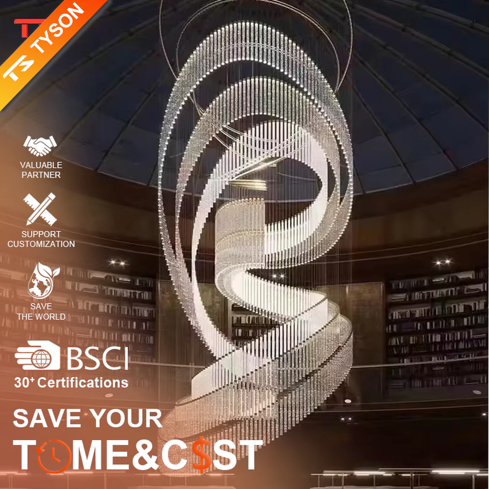 This large custom art chandelier features a gold metal frame paired with hanging crystal tassels to create a flowing ribbon shape, serving both lighting and artistic decoration purposes, ideal for high-ceiling commercial spaces such as high-end clubs, hotel lobbies, and sales offices.