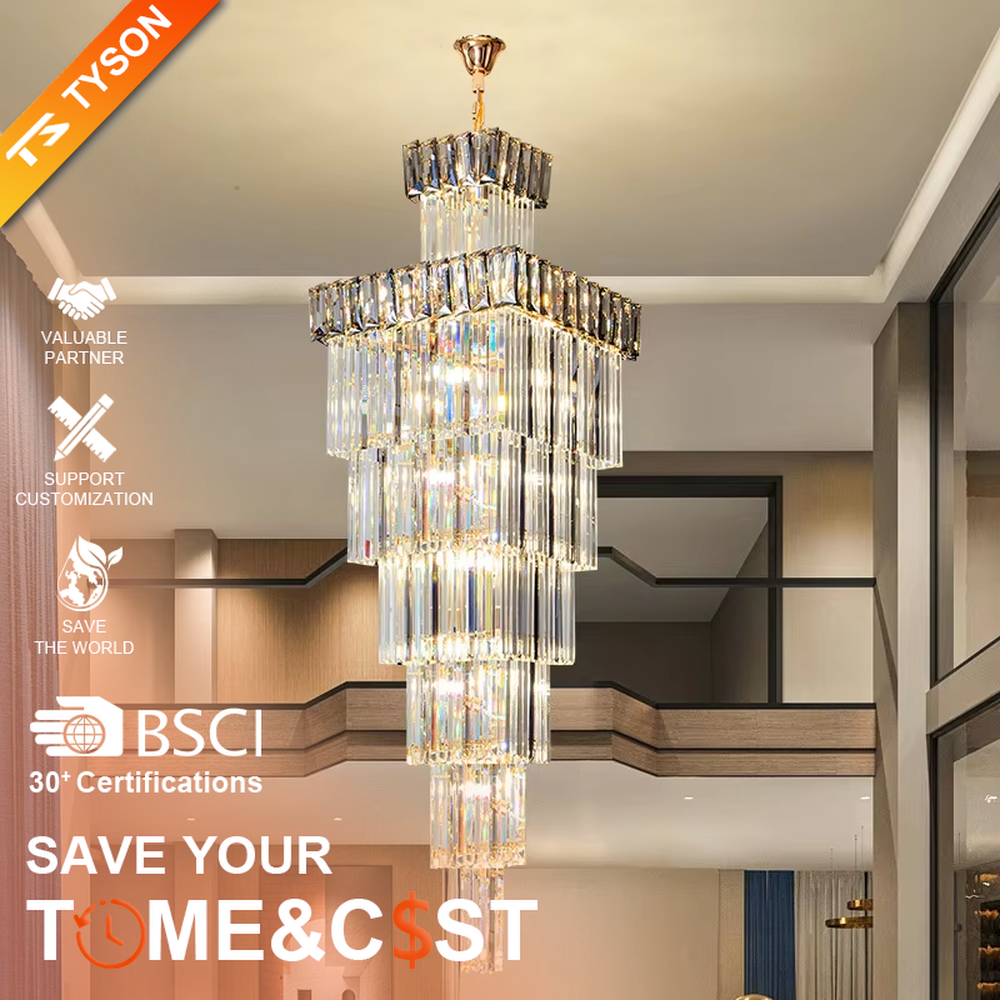 Modern light luxury multi-layer square tower-shaped golden frame crystal chandelier, warm light effect, creating an exquisite and luxurious modern space atmosphere.