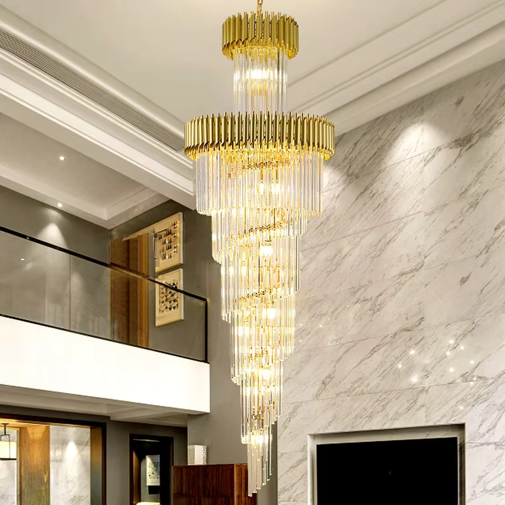 Luxurious multi-layer golden frame crystal high-ceiling chandelier, decorated with pendant transparent crystals, brilliant and gorgeous lighting, creating a high-end luxurious atmosphere.
