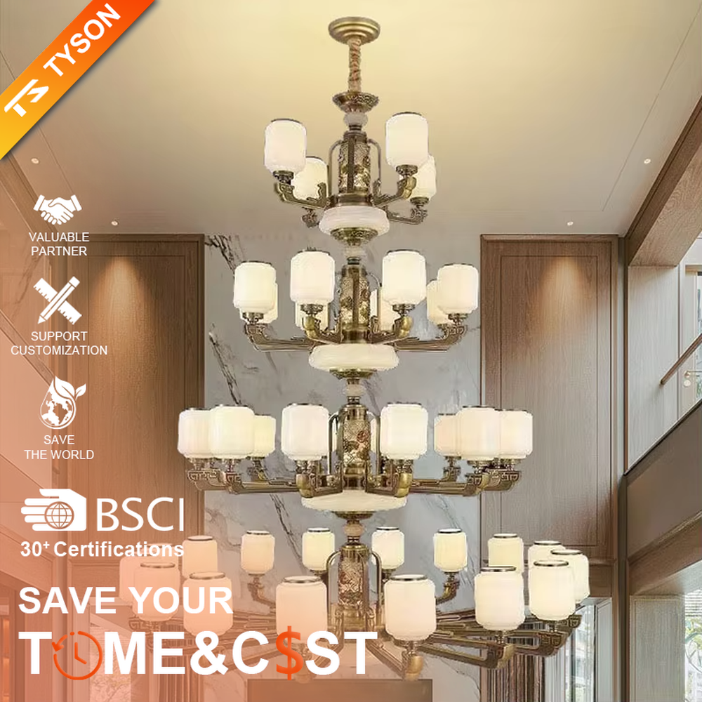 New Chinese-style multi-layer copper art chandelier (copper carved + cloud stone lampshade), warm light effect, creating an elegant and grand Chinese-style space atmosphere.