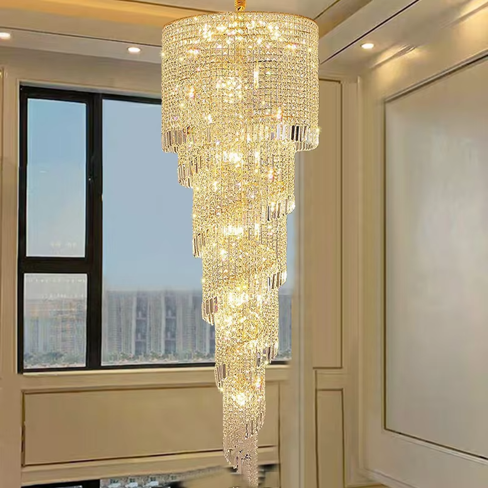 European top-luxury golden crystal spiral gradient small high-ceiling chandelier, warm light effect, creating a luxurious and grand space atmosphere.