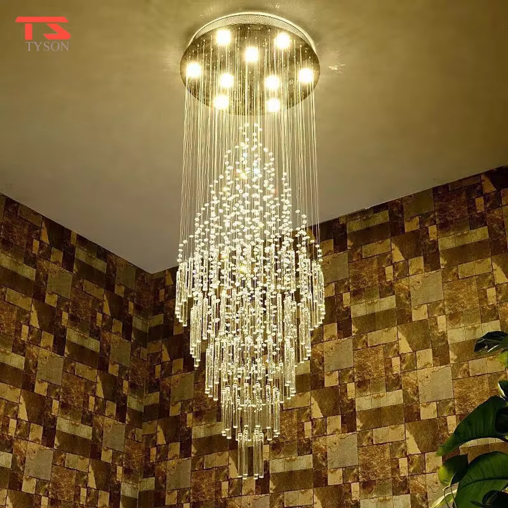 Luxurious retro circular ceiling-mounted golden crystal long string + particle decoration high-ceiling chandelier, warm light effect, creating a retro luxurious space atmosphere.