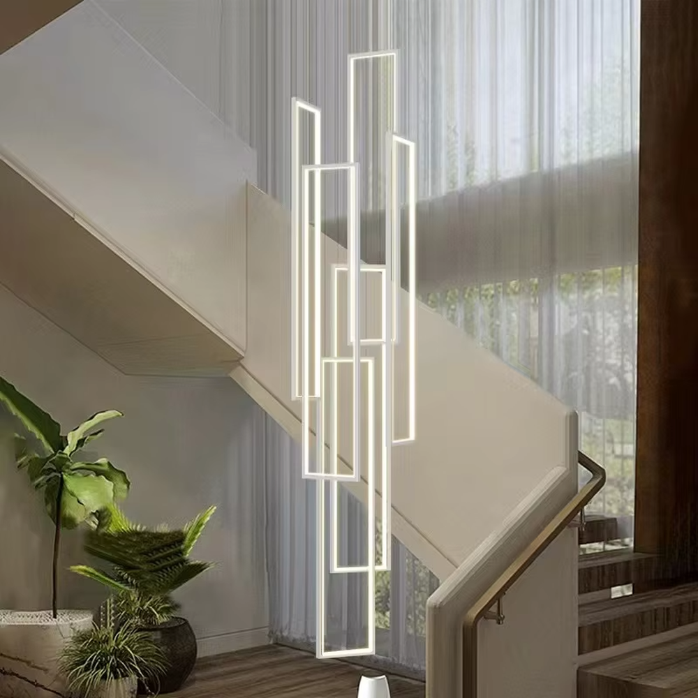 Modern geometric line LED chandelier (metal frame + warm light), warm light effect, creating a minimalist high-end futuristic space atmosphere.