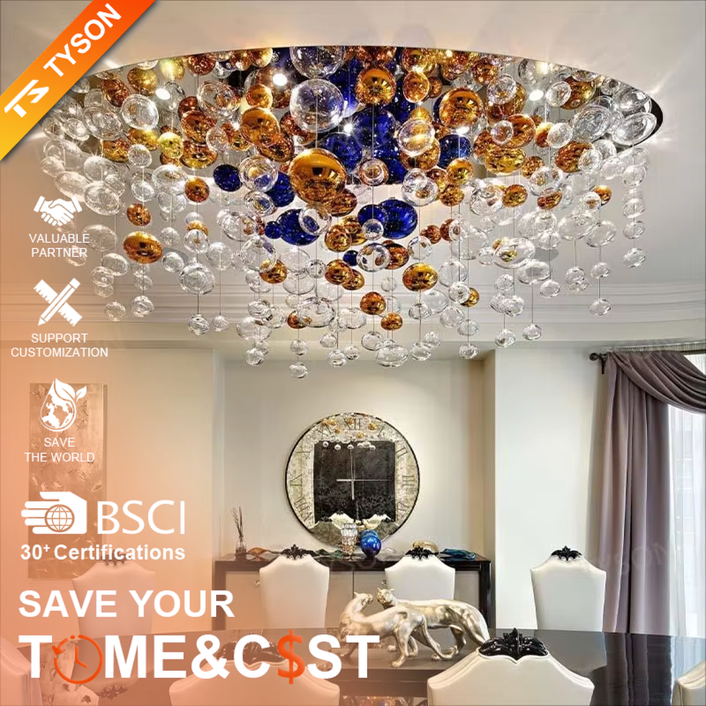 Art colorful glass ball suspension chandelier (gold/blue/transparent combination), warm light effect, creating a dreamy and brilliant luxurious space atmosphere.