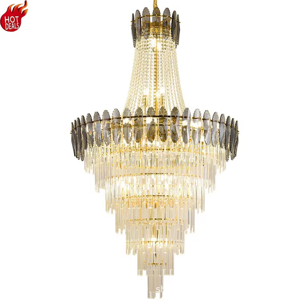 European-style top-luxury golden frame multi-layer long crystal high-ceiling chandelier, warm light effect, creating a gorgeous and solemn top-luxury space atmosphere.