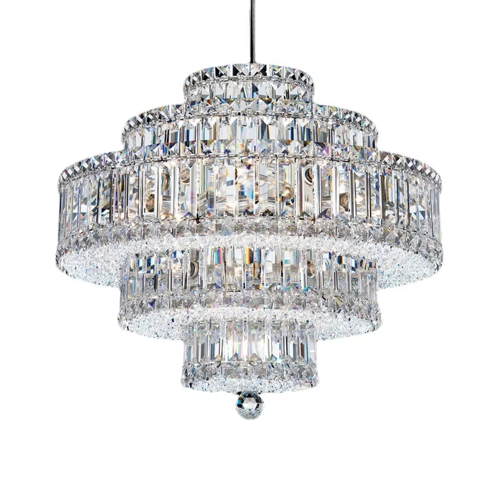 Modern light luxury multi-layer circular iridescent cut crystal chandelier, warm light effect, creating a luxurious and grand space atmosphere.