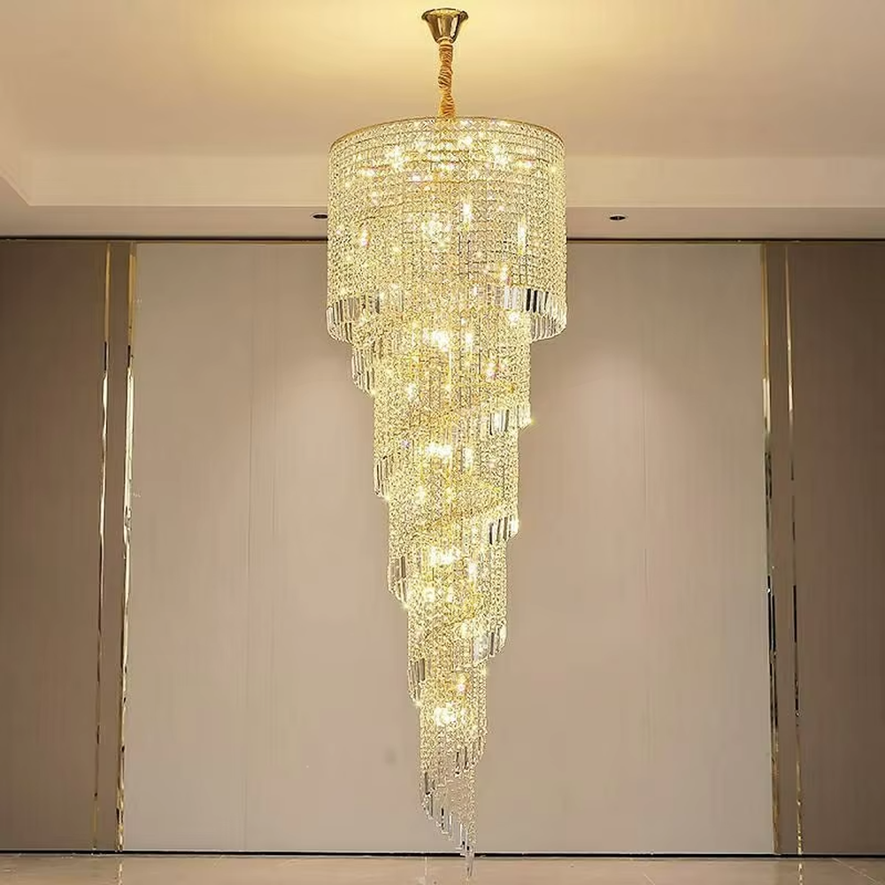 European top-luxury golden crystal spiral gradient small high-ceiling chandelier, warm light effect, creating a luxurious and grand space atmosphere.