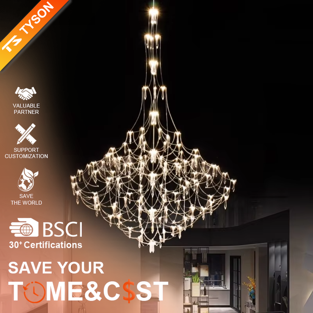 Art cobweb crystal chandelier (crystal pendants + cobweb-style hanging), warm light effect, creating a brilliant and dreamy light luxury space atmosphere.