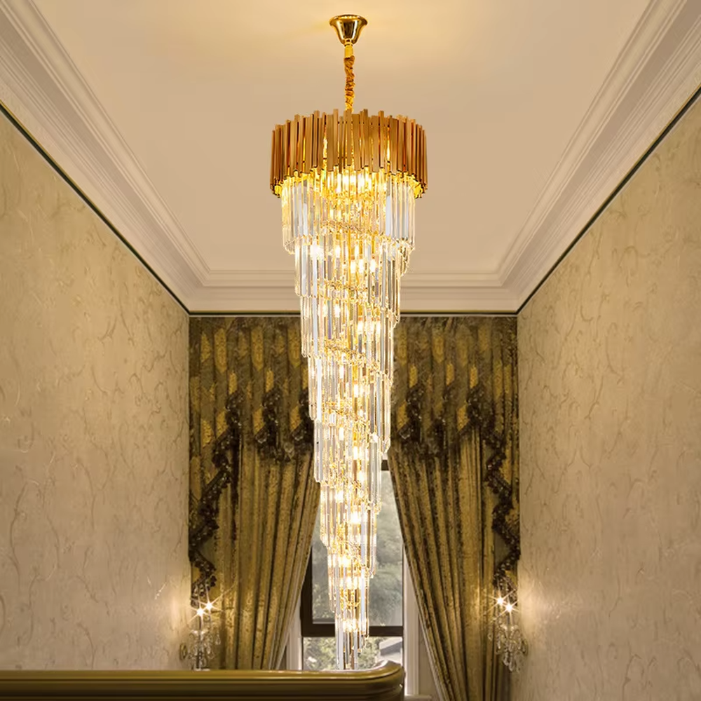 Modern luxurious golden-top long crystal layered high-ceiling chandelier, warm light effect, creating a high-end grand space atmosphere.
