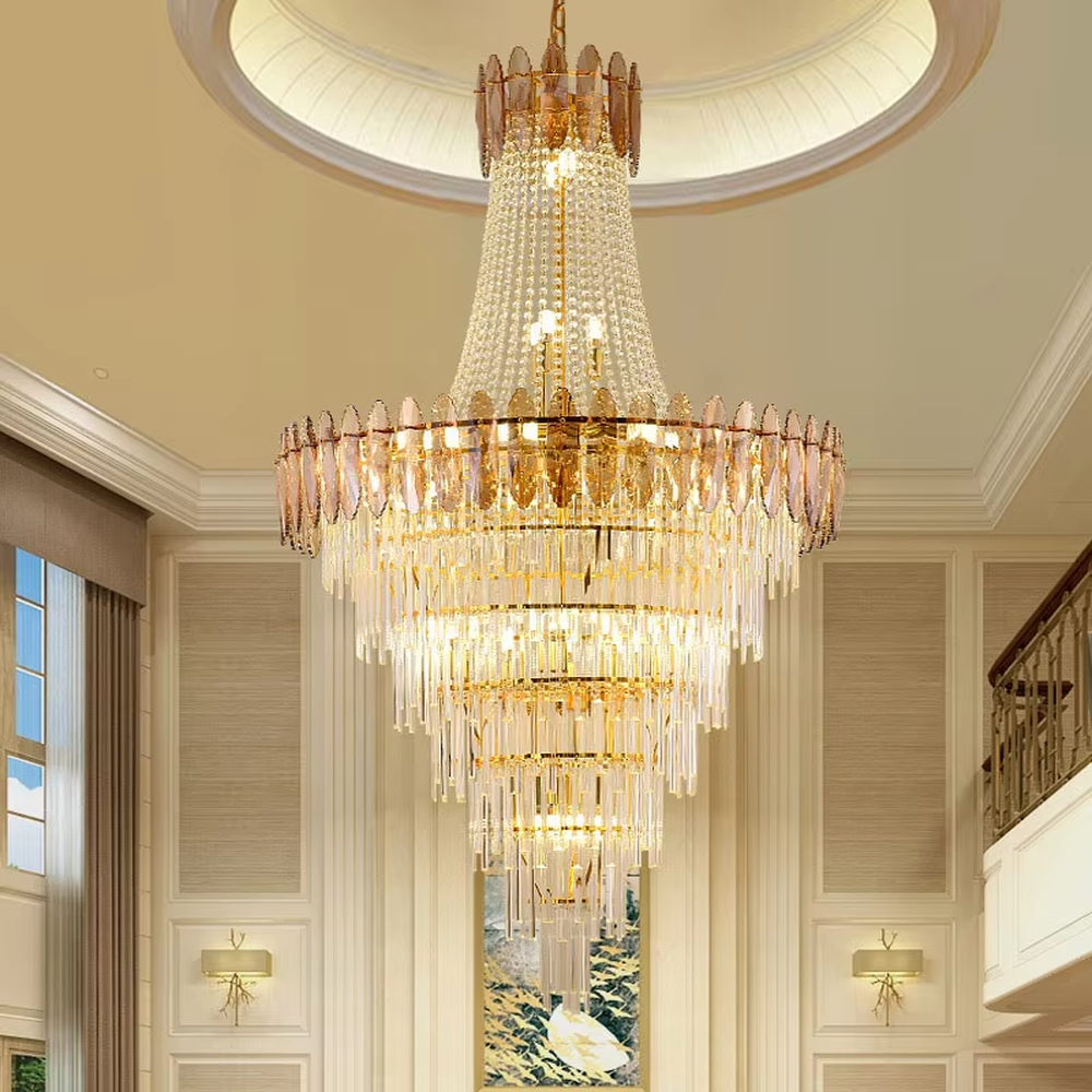 European-style luxury multi-layer golden frame crystal high-ceiling chandelier, full crystal pendants + warm light effect, creating a solemn and luxurious atmosphere in large spaces.