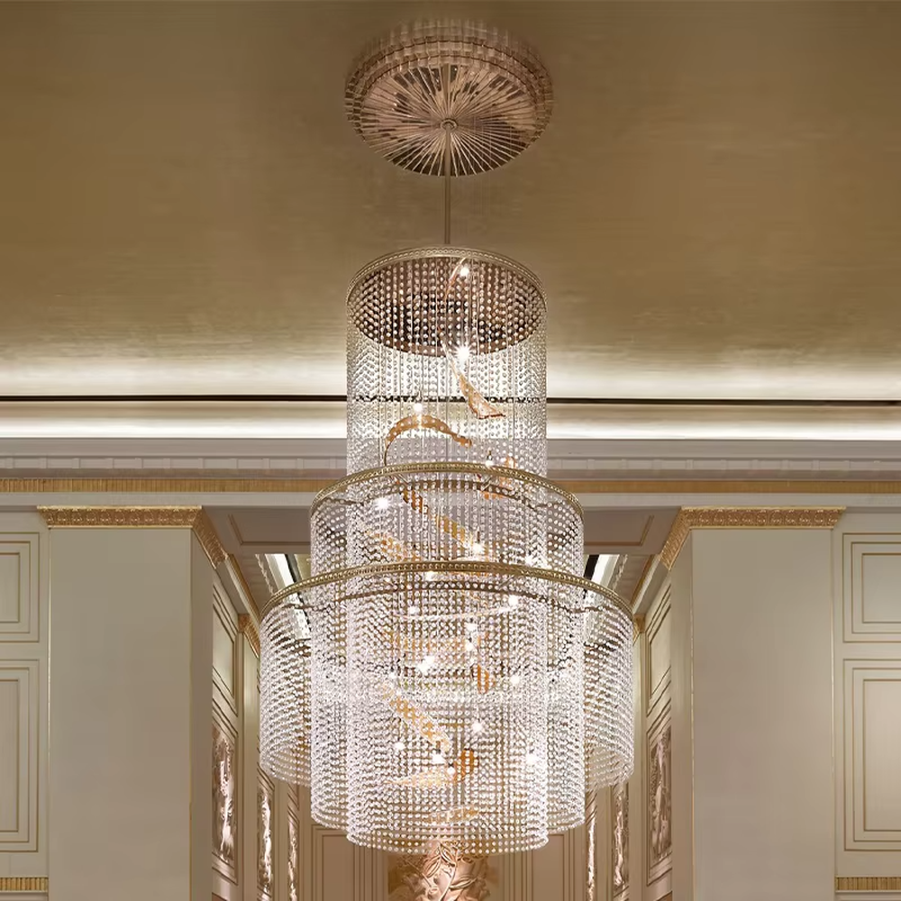 Luxury multi-layer crystal chandelier (spiral gold accessories + full-set crystals), warm light effect, creating a luxurious and elegant high-end space atmosphere.