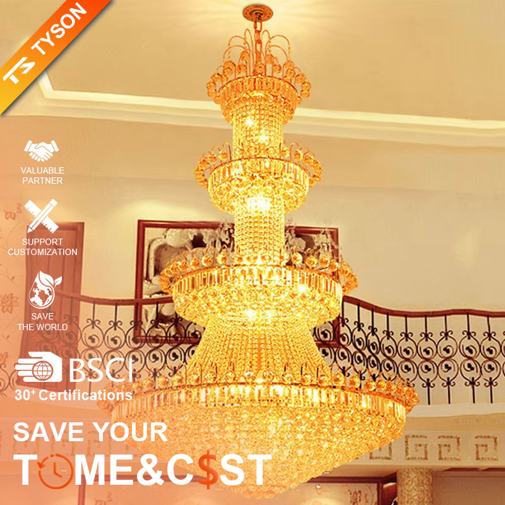 European-style top-luxury full golden frame multi-layer tower-shaped crystal (with spherical decorations) high-ceiling chandelier, warm light effect, creating an extremely gorgeous top-luxury space atmosphere.