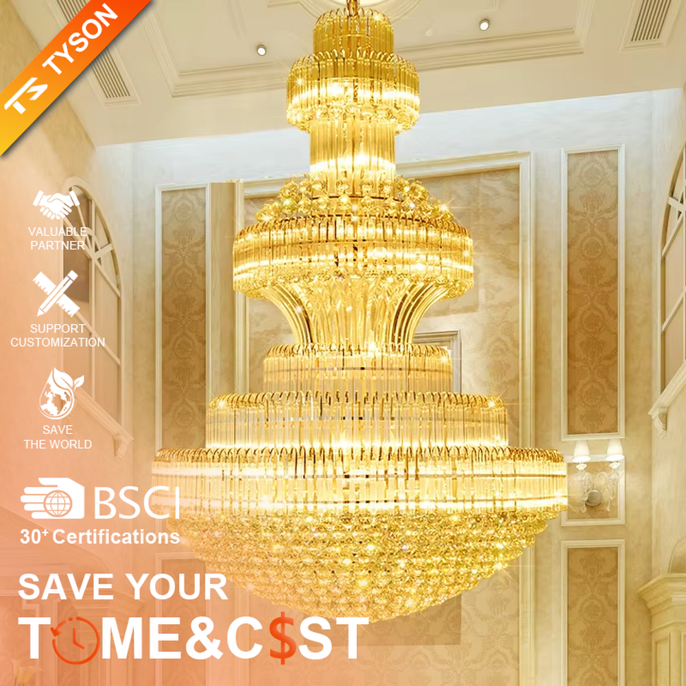 European-style top-luxury full golden frame multi-layer crystal tower chandelier (long strip + granular crystals), warm light effect, creating an extremely gorgeous top-luxury atmosphere.