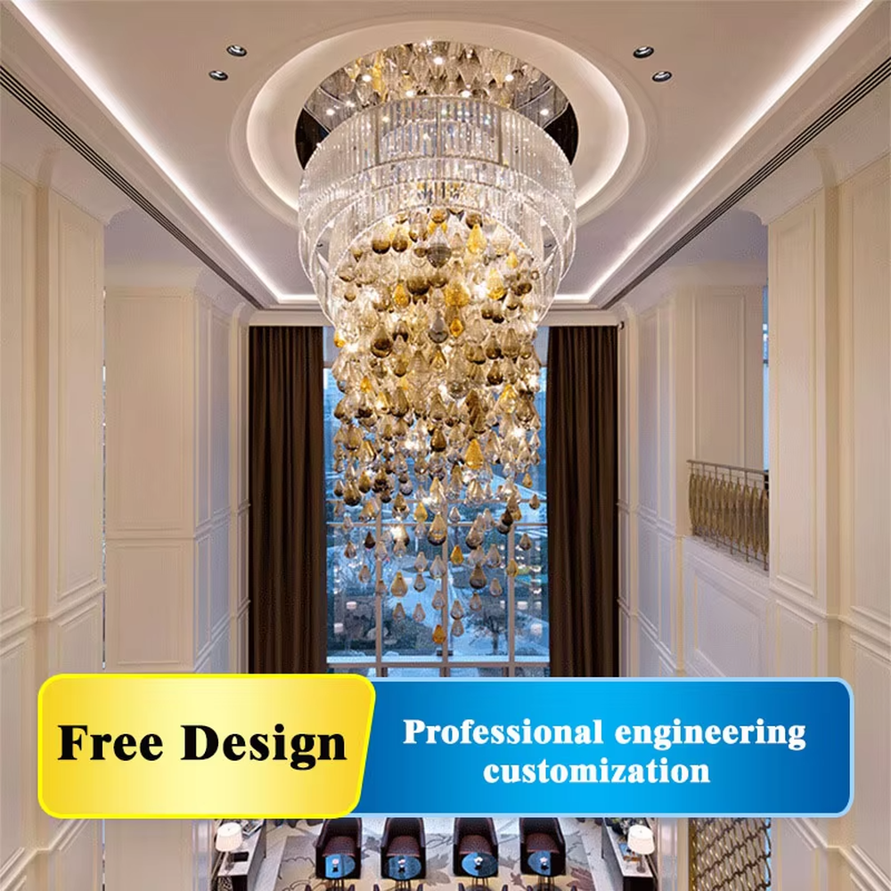 This large dome crystal chandelier features a multi-layered hanging teardrop design made of transparent and yellow-white gradient crystals, serving both lighting and artistic decoration purposes, with free design and professional engineering customization available, ideal for high-end high-ceiling spaces such as villa staircases, hotel lobbies, and sales offices.