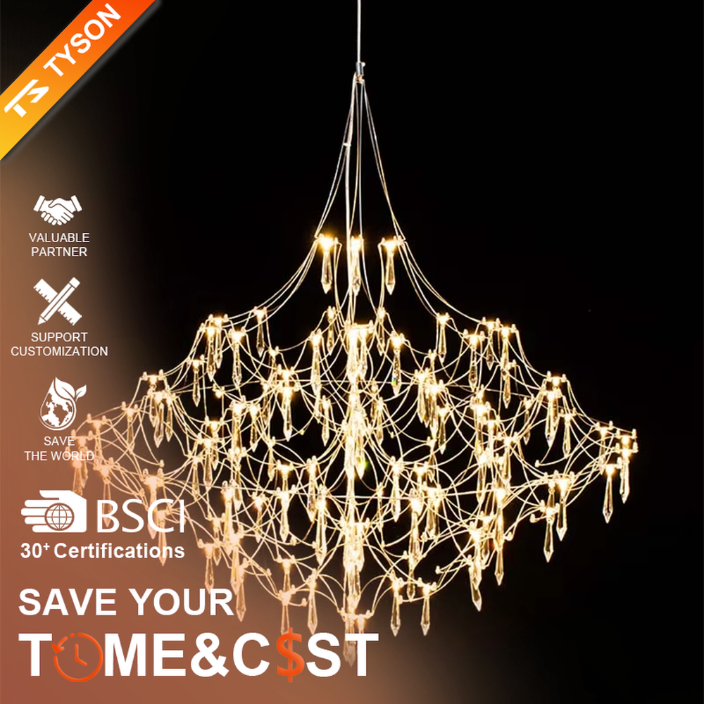 Art cobweb crystal chandelier (crystal pendants + cobweb-style metal wire frame), warm light effect, creating a dreamy and high-end space atmosphere.