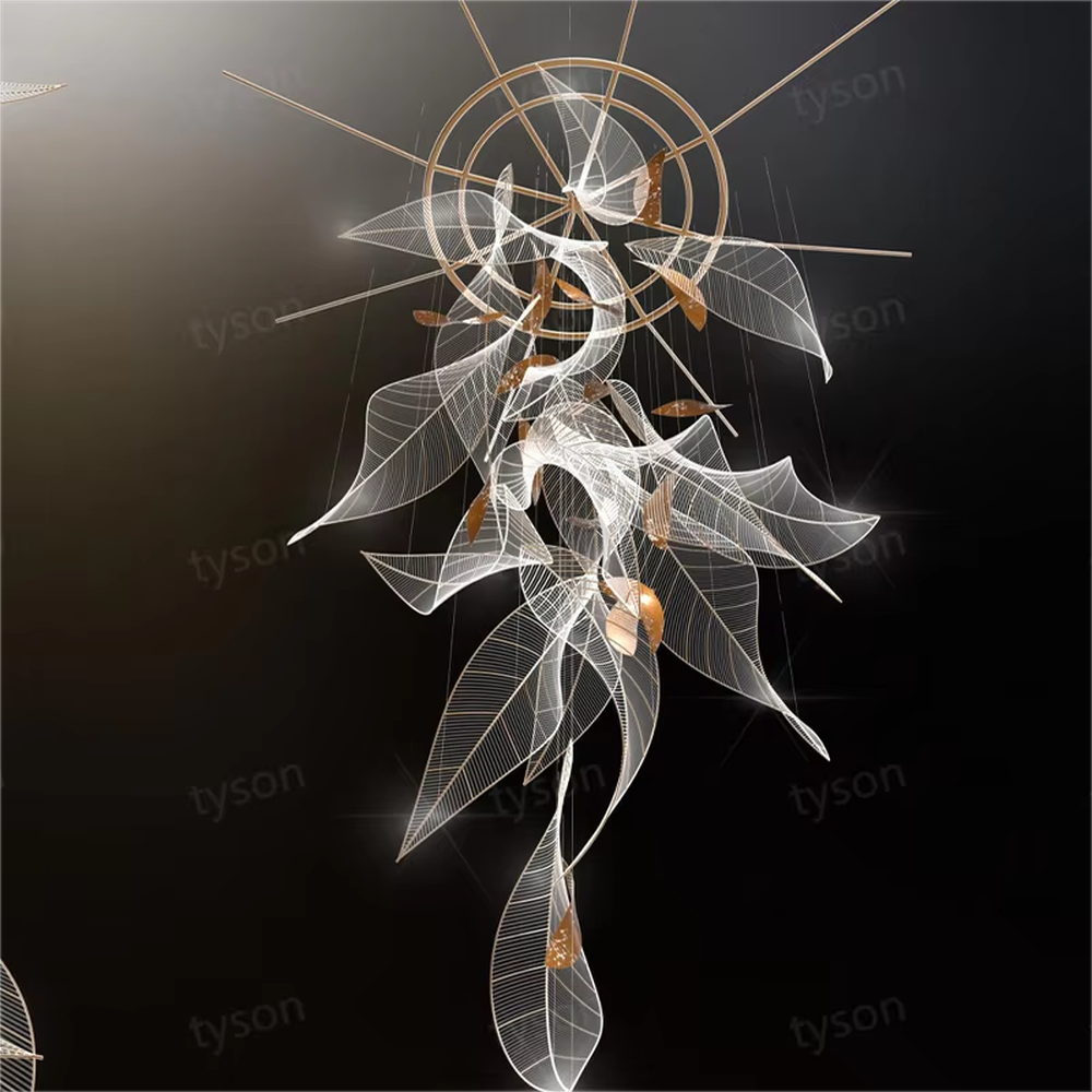 Inspired by "natural leaf veins", this chandelier features layered leaf structures made of translucent acrylic/crystal material, with delicate textures like real veins. The pendant layout mimics the natural drooping form of leaves, and light refracts soft and warm light and shadow through the material. It is both a space lighting tool and a visually striking art installation, infusing high-end venues with a natural and elegant artistic style.