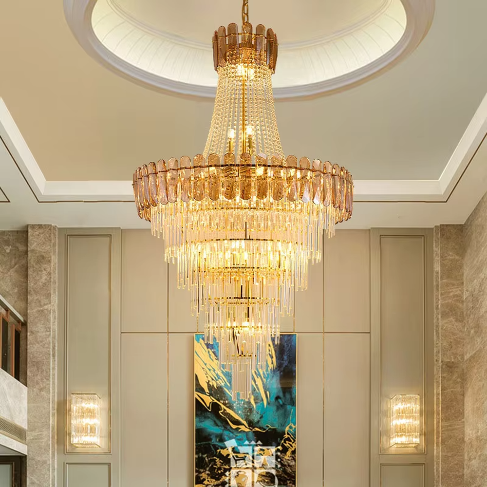 European-style luxury multi-layer golden frame crystal high-ceiling chandelier, full crystal pendants + warm light effect, creating a solemn and luxurious atmosphere in large spaces.