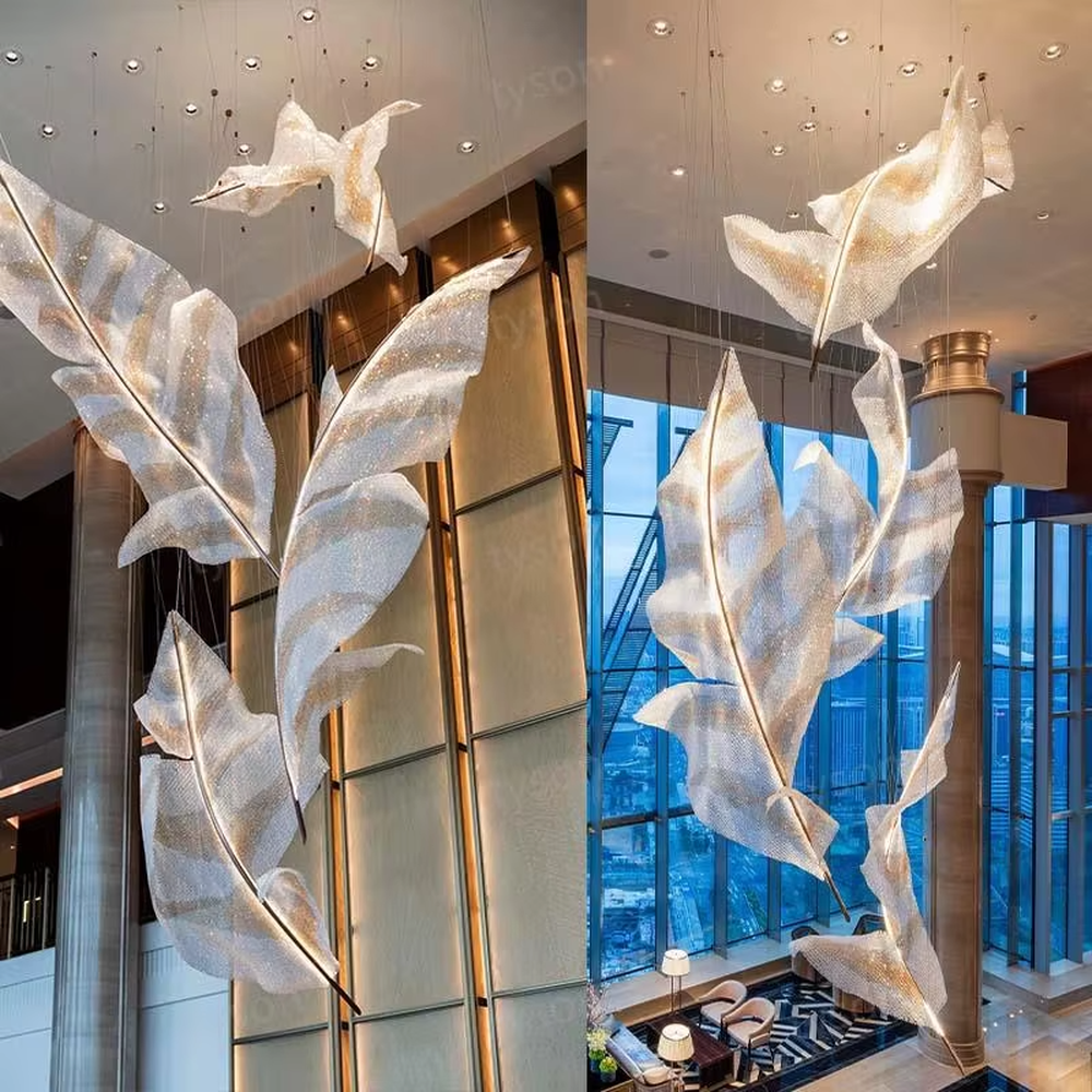 Art feather crystal chandelier (giant crystal feather shape), warm light effect, creating an ethereal and luxurious high-end space atmosphere.