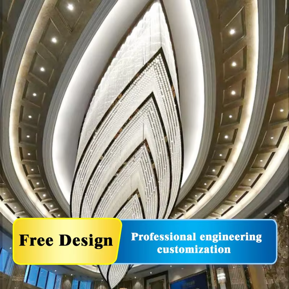 Modern luxurious waterdrop-shaped layered curved golden crystal (light bead) ceiling chandelier (black edge decoration), warm light effect, creating a high-end grand artistic space atmosphere.