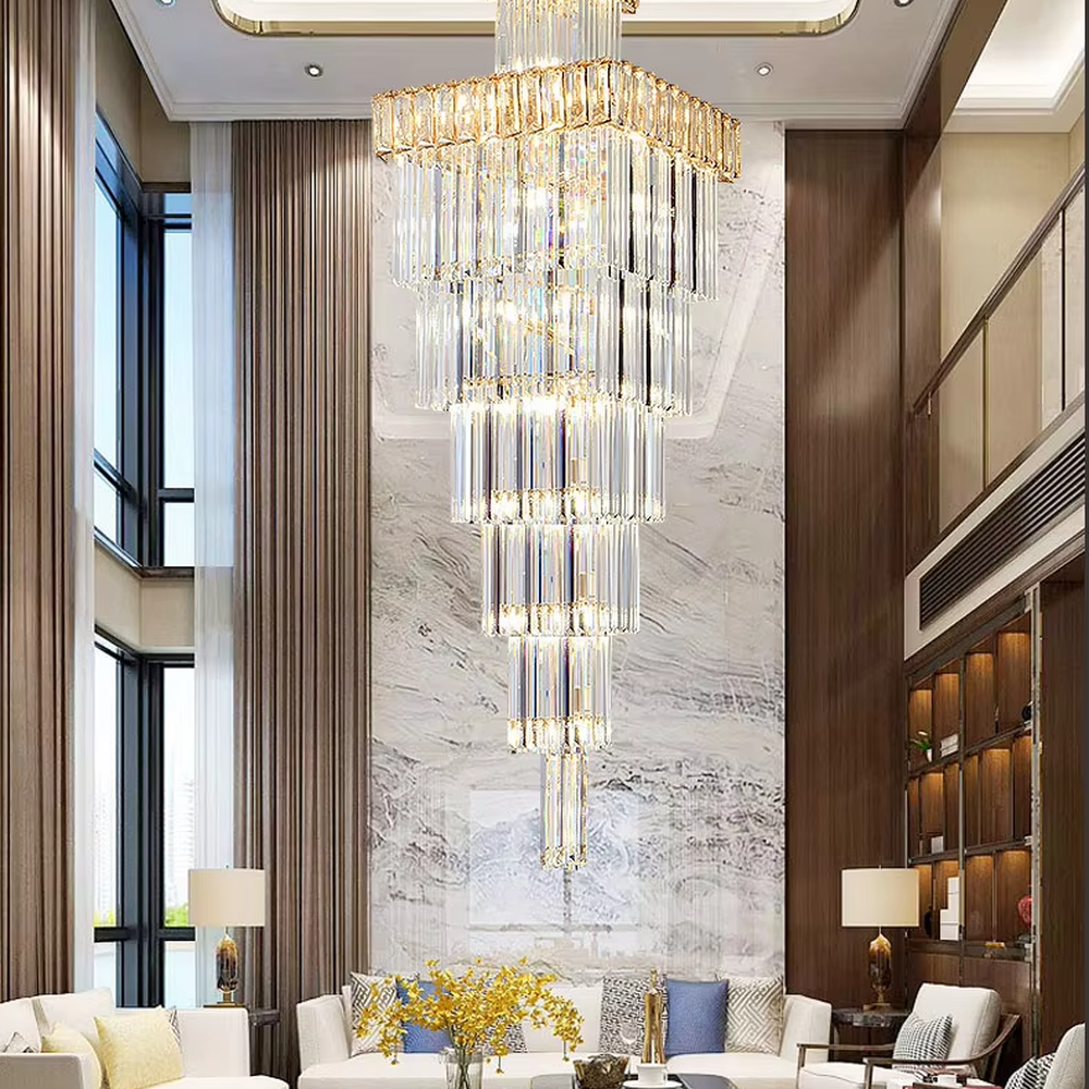Luxurious gold-top multi-layer crystal column high-ceiling chandelier, gold decorations + stacked transparent long crystal columns + brilliant light effect, creating a high-end luxurious high-ceiling space atmosphere.