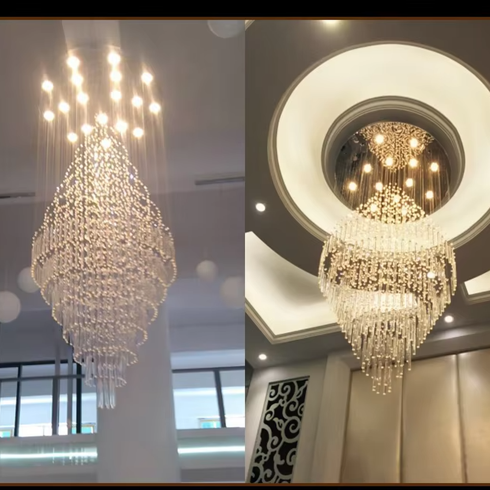 Luxurious retro circular ceiling-mounted golden crystal long string + particle decoration high-ceiling chandelier, warm light effect, creating a retro luxurious space atmosphere.