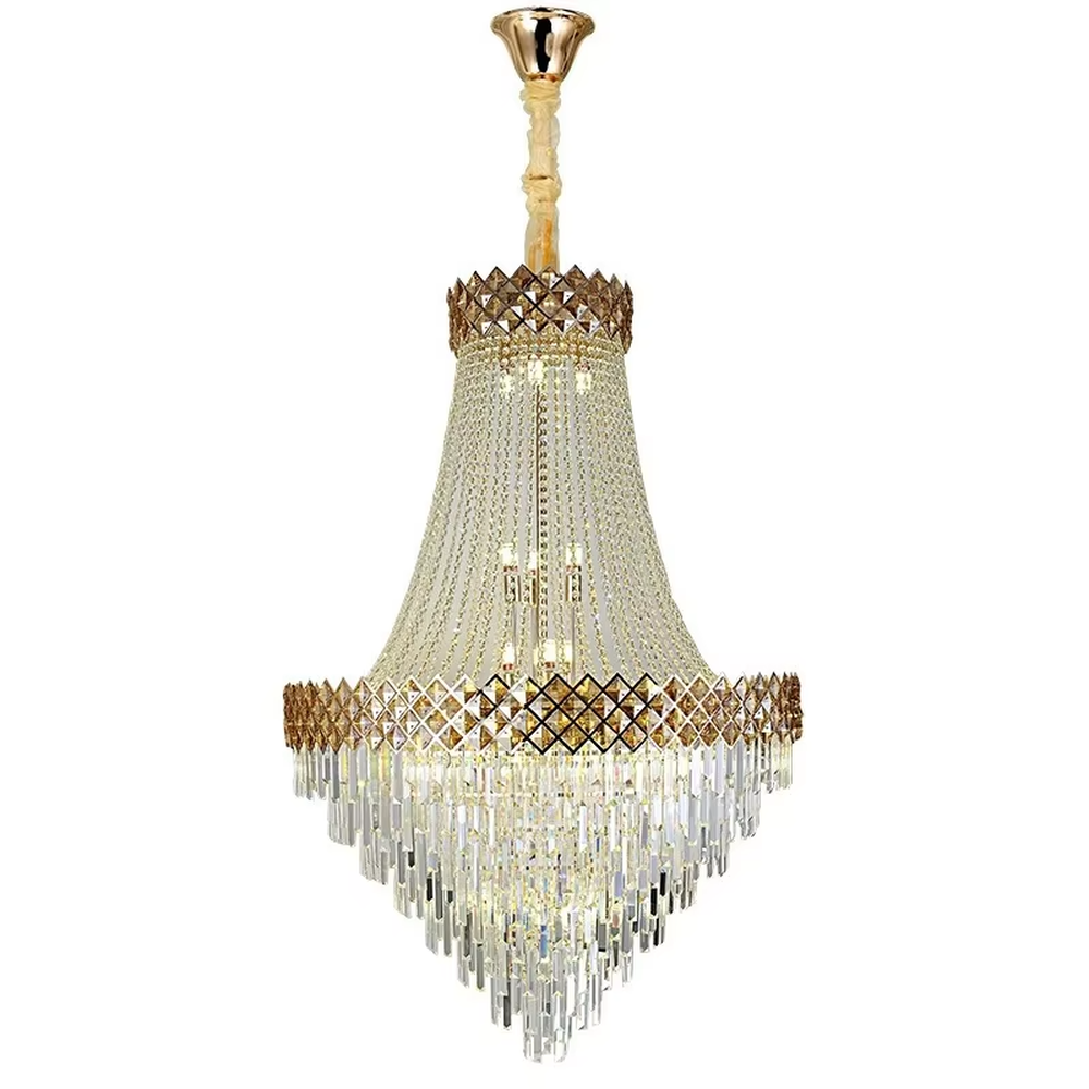 Luxurious black-gold diamond decorative umbrella-shaped crystal chandelier, golden chains + transparent crystal pendants + black diamond decorations, brilliant and gorgeous lighting, creating a high-end luxurious atmosphere.