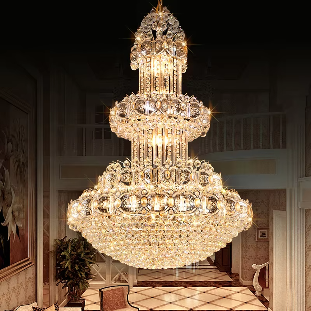 Palace-level luxurious multi-layer full-crystal chandelier, layered crystal shape + brilliant refraction light effect, creating a top-tier noble luxurious high-ceiling space atmosphere.