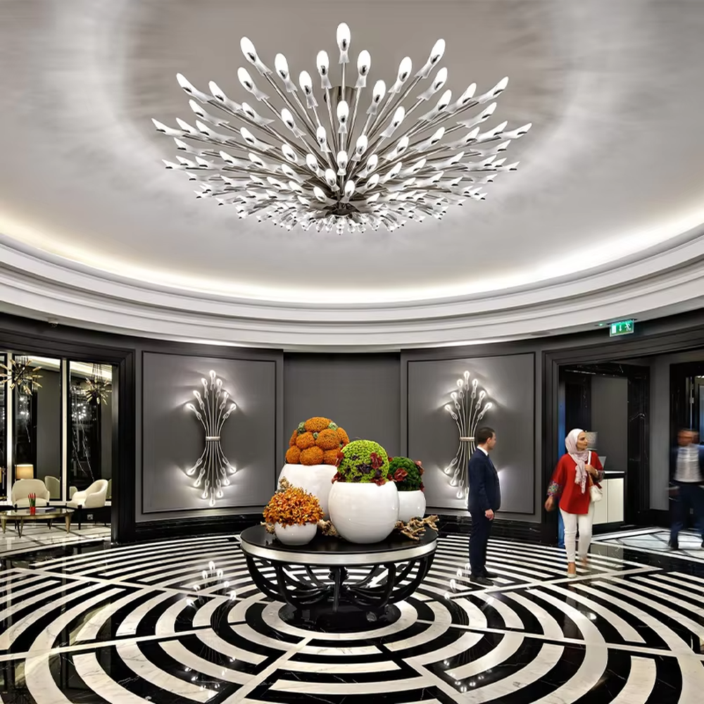 Art firework crystal ceiling chandelier (radial crystal lamp arms + starry sky shape), warm light effect, creating a bright and high-end home atmosphere.