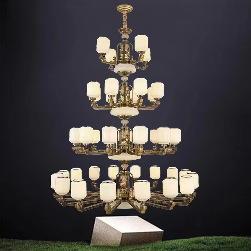 New Chinese-style luxurious multi-layer vintage copper chandelier, 4-layer structure + white jade texture lampshades + vintage copper carved frame, soft warm light creates elegant Chinese atmosphere.