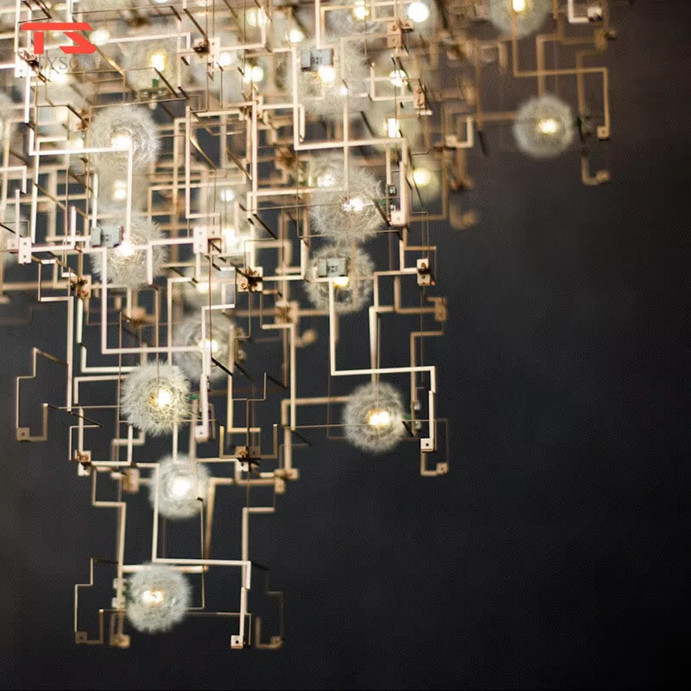 This art chandelier features a gold metal grid frame with embedded luminous light-transmitting balls to create an irregular nebula shape, serving both lighting and artistic decoration purposes, ideal for commercial spaces such as sales offices, art exhibition halls, and high-end clubs.